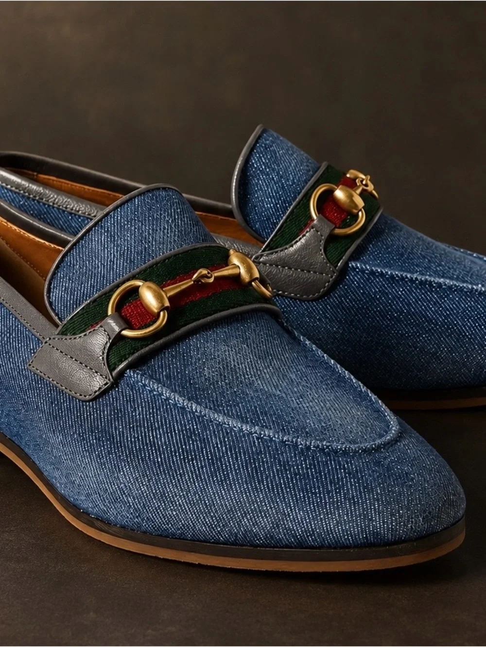 Gucci Denim Blue Horsebit Web Loafers